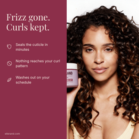 Frizz gone, curls kept, benefits of the Cuticle Seal Mask beside a model holding it