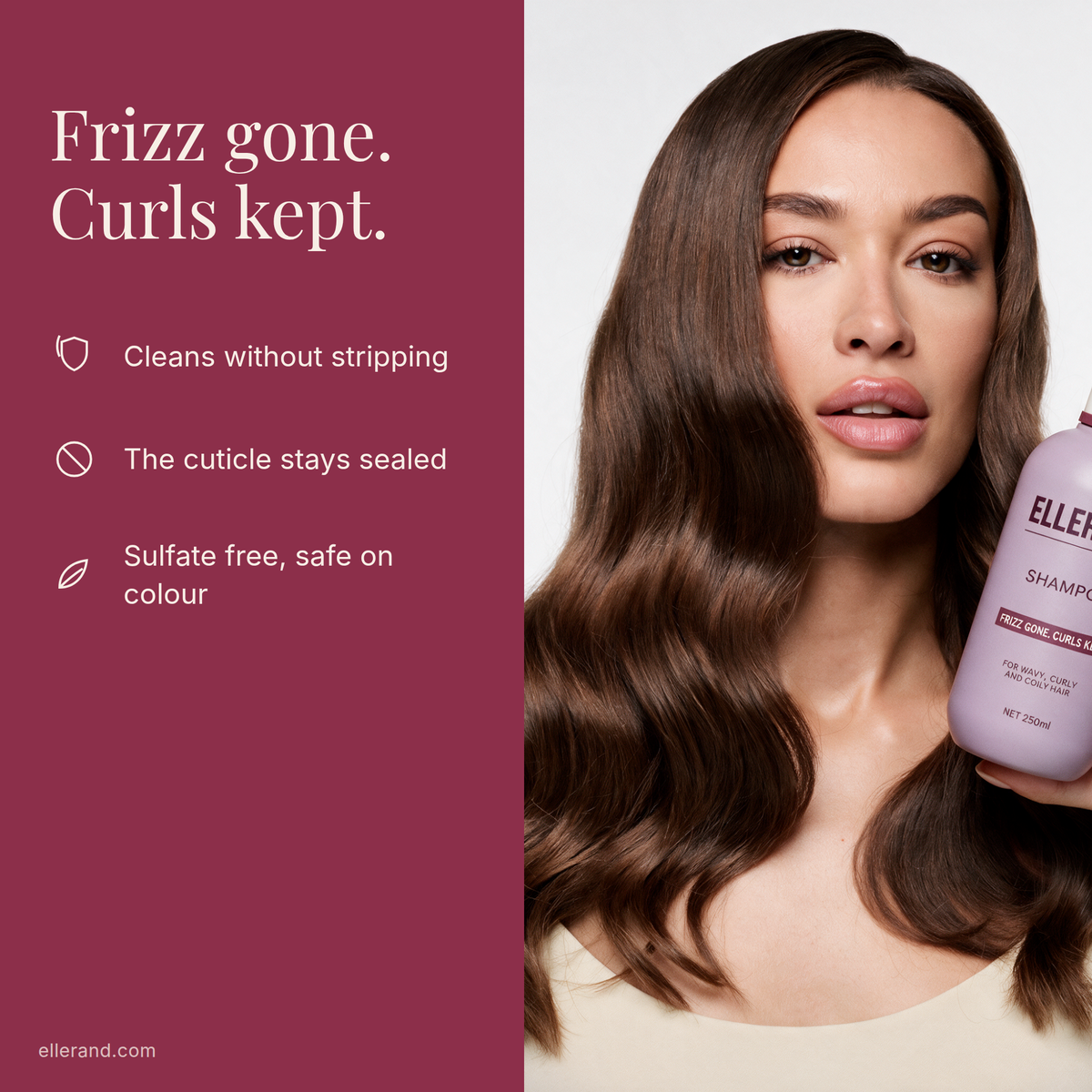 Frizz gone, curls kept, benefits of the Clean Start Shampoo beside a model holding it